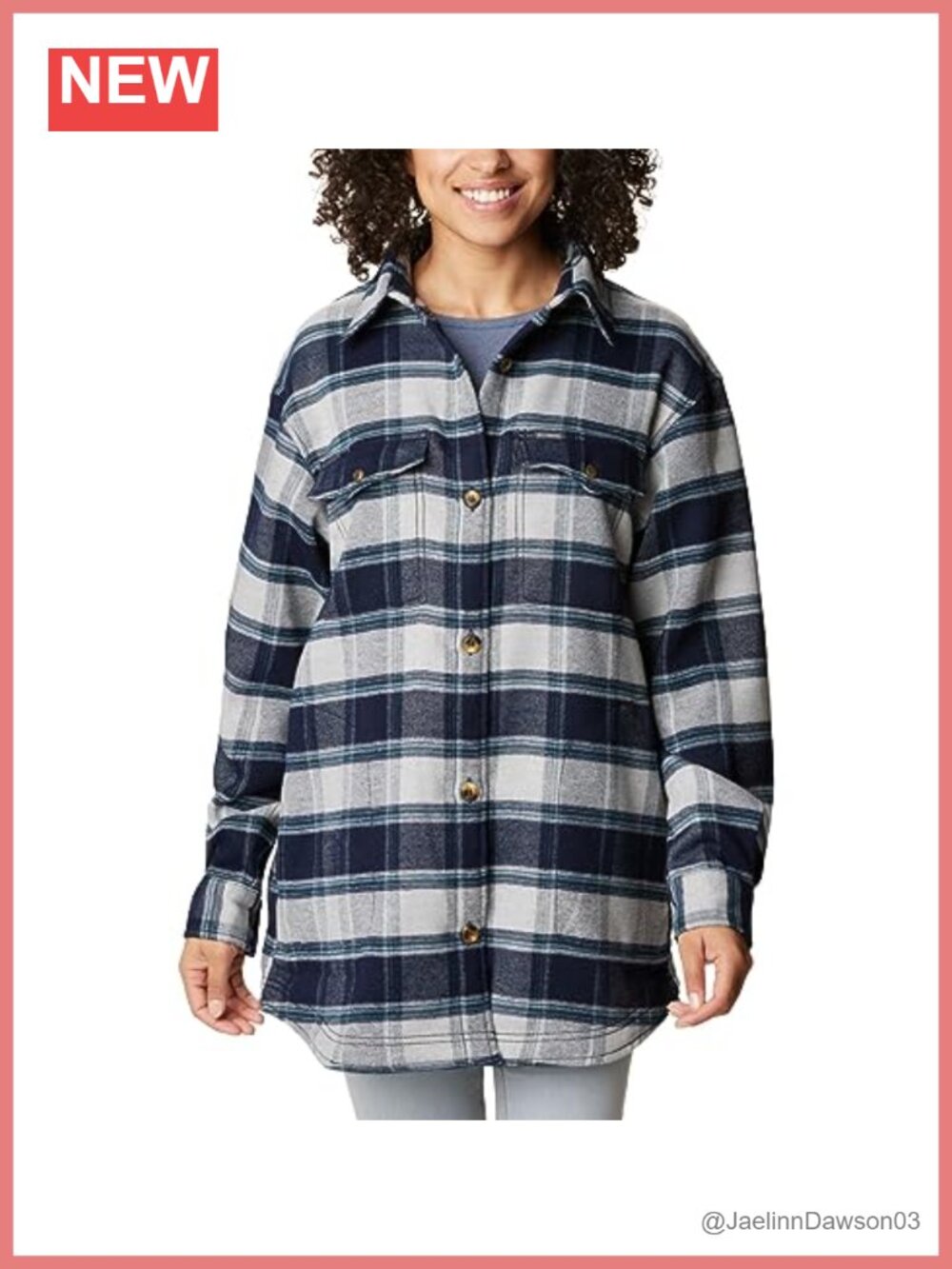 Plaid Button Down Shirt Jacket Polyester Blend Long Sleeve